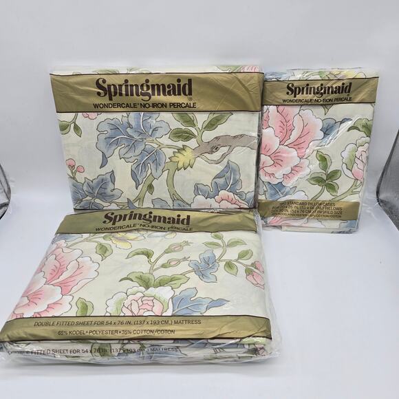 VTG New Springmaid Wondercale Double Flat & Fitted Sheet Set Salon Floral - Picture 1 of 9